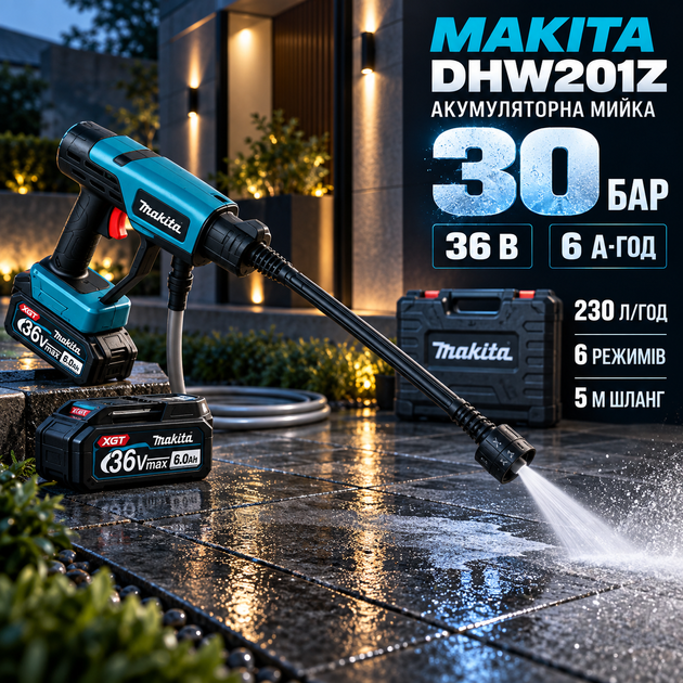 Мойка для авто Makita DHW201Z аккумуляторная 36 В 6 А·ч беспроводная 30 бар аппарат высокого давления 230 л/ч с 6 режимами шлангом 5 м кейсом для мойки машины велосипеда садовой техники - Фото 1 Мойка для авто Makita DHW201Z аккумуляторная 36 В 6 А·ч беспроводная 30 бар аппарат высокого давления 230 л/ч с 6 режимами шлангом 5 м кейсом для мойки машины велосипеда садовой техники - изображение 1
