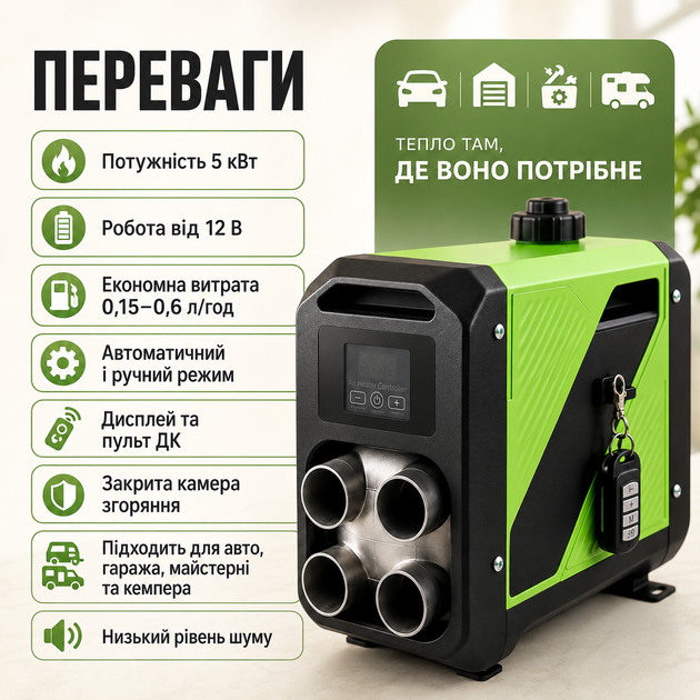 Дизельный автономный обогреватель 5кВт 12В GREELITE SN99 отопитель для авто гаража кемпера с пультом - изображение 4