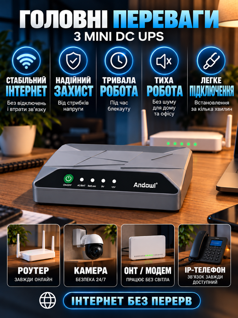 Бесперебойник для роутера Mini UPS Andowl Q-UP700 12000 mAh источник бесперебойного питания для модема WiFi ONU - изображение 5