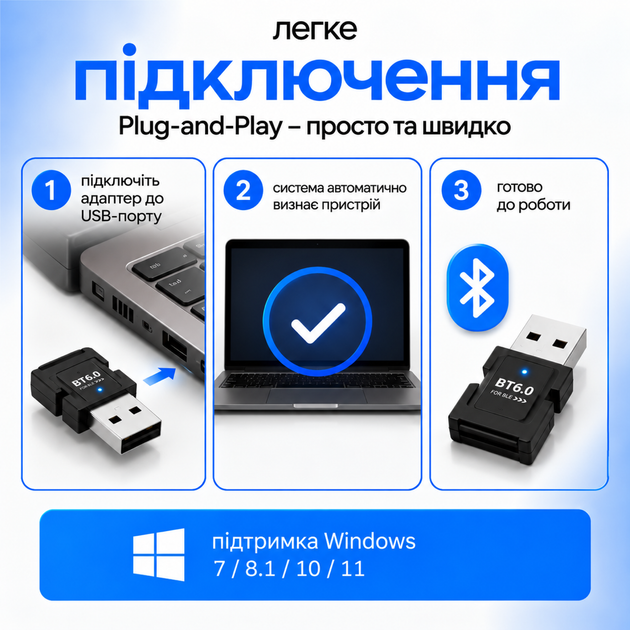 Bluetooth-адаптер USB блютуз адаптер для ПК ноутбука модуль Bluetooth 6.0 EDR BLE Dual Mode Bluetooth ресивер приёмник мини адаптер для наушников мышки клавиатуры геймпада блютус модуль для ПК Windows 7 8.1 10 11 - изображение 5