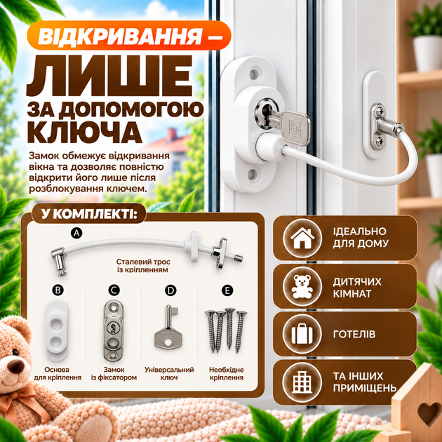 Детский замок на окна Penkid Safety Lock 550 с тросом белый замок для безопасности окон в детской комнате блокиратор - Фото 4 Детский замок на окна Penkid Safety Lock 550 с тросом белый замок для безопасности окон в детской комнате блокиратор - изображение 4
