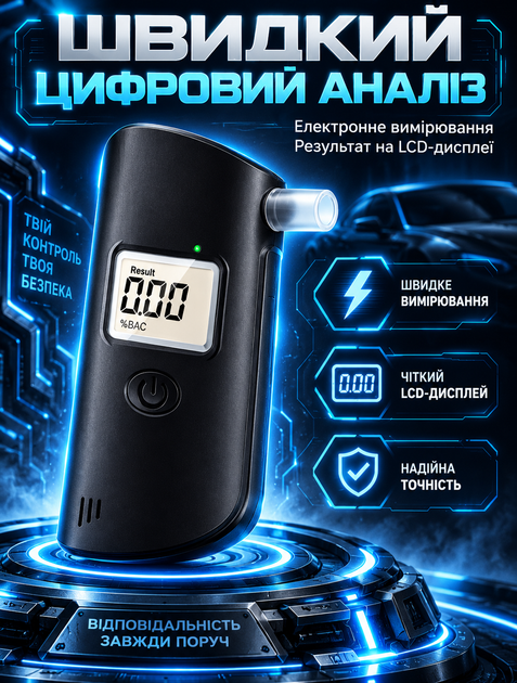 Портативний алкотестер для визначення вмісту алкоголю у видиху з LCD-дисплеєм 0–200 мг/100 мл та вбудованим LED‑ліхтариком - зображення 2