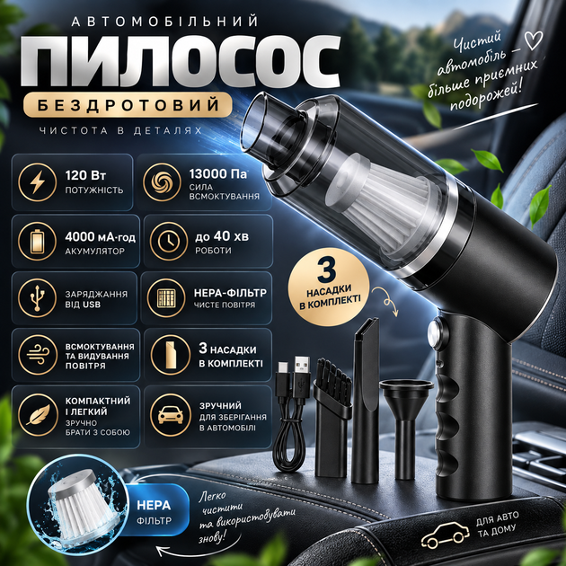 Автопилосос бездротовий AS-228 120Вт, від USB + 3 насадки для сухого прибирання міні автопилососи для салону автомобіля дому - Фото 2 Автопилосос бездротовий AS-228 120Вт, від USB + 3 насадки для сухого прибирання міні автопилососи для салону автомобіля дому - изображение 2