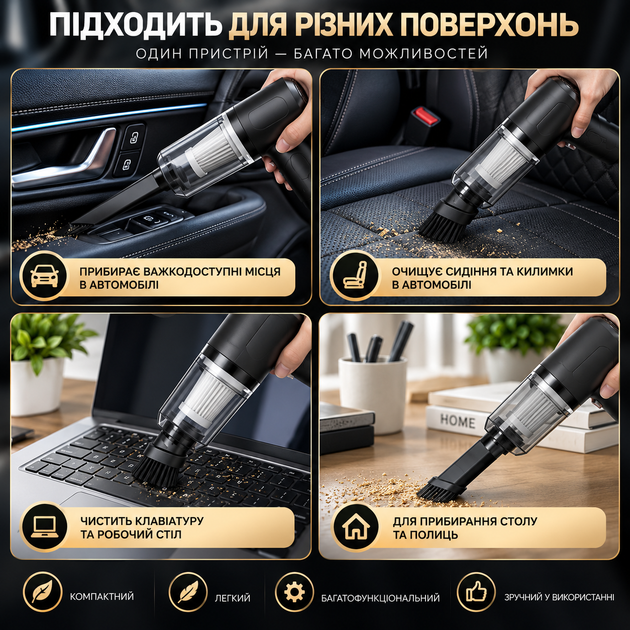 Автопилосос бездротовий AS-228 120Вт, від USB + 3 насадки для сухого прибирання міні автопилососи для салону автомобіля дому - Фото 8 Автопилосос бездротовий AS-228 120Вт, від USB + 3 насадки для сухого прибирання міні автопилососи для салону автомобіля дому - изображение 8