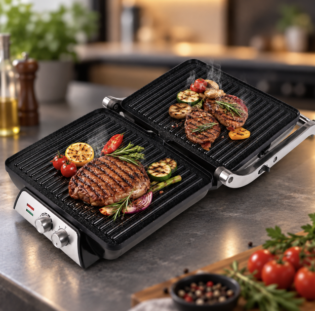 Электрогриль Domotec R-2684 2000 Вт 280°C Контактный гриль с антипригарным покрытием Барбекю 180° для мяса стейков овощей сэндвичей - изображение 3