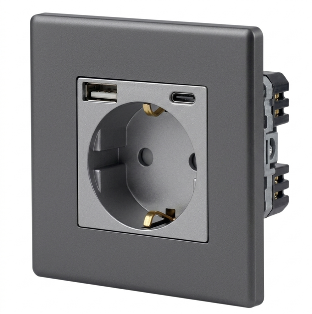 Розетка з USB + Type-C 1DAL | Сірий з З/К + Шторки (P86-STUTC.GR) - Фото 1 Розетка з USB + Type-C 1DAL | Сірий з З/К + Шторки (P86-STUTC.GR) - зображення 1