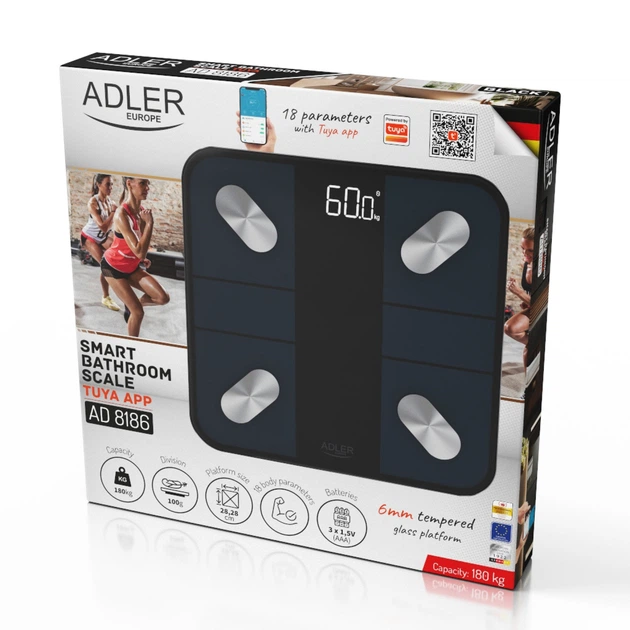 Весы напольные Adler AD 8186 Black Smart, электронные, диагностические, до 180 кг, точность 100 г, Bluetooth 4.2, приложение Tuya Smart, закаленное стекло - изображение 8