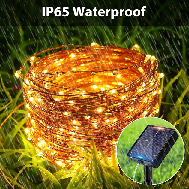 Солнечная LED-гирлянда Peasur 6 м 60 LED, теплый белый, 8 режимов, таймер, IP65, медная проволока - изображение 4