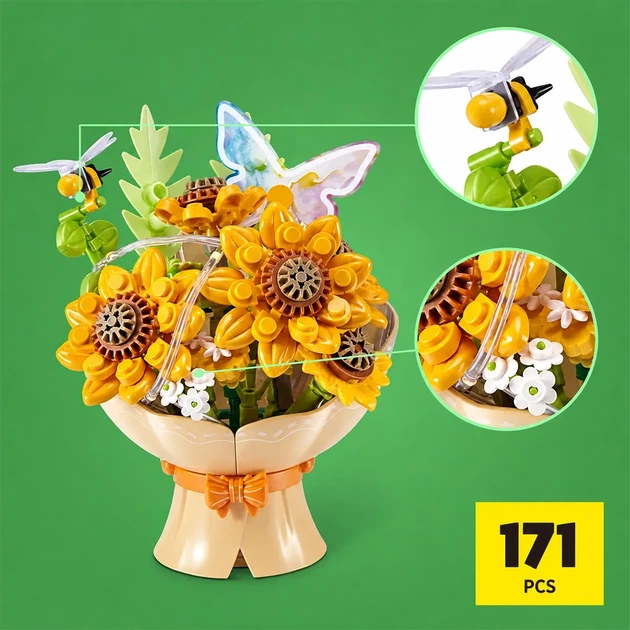 Конструктор в капсуле Max Bouquets S1 Букет подсолнухов с LED-гирляндой, 171 деталь - Фото 2 Конструктор в капсуле Max Bouquets S1 Букет подсолнухов с LED-гирляндой, 171 деталь - изображение 2