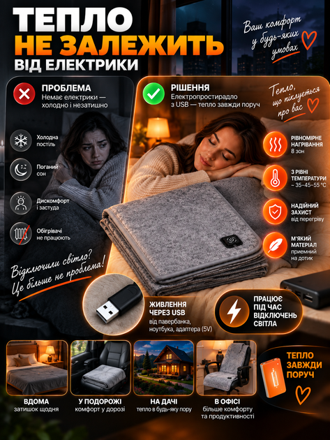 Плед с подогревом от USB 160×80 см электроодеяло от юсб одеяло с подогревом электроплед от повербанка электропростынь от повербанка электро простынь от power bank 5V 10W 3 режима 8 зон нагрева JoyPro серое - изображение 9