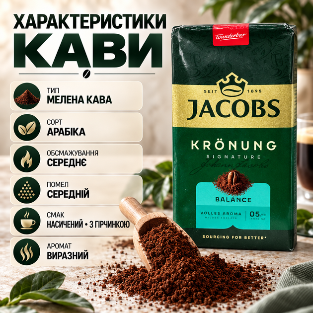 Кава мелена 515 г Jacobs Krönung арабіка середнього обсмажування натуральний кавовий напій середній помел насичений смак з гірчинкою ароматна кава для щоденного приготування - Фото 3 Кава мелена 515 г Jacobs Krönung арабіка середнього обсмажування натуральний кавовий напій середній помел насичений смак з гірчинкою ароматна кава для щоденного приготування - зображення 3