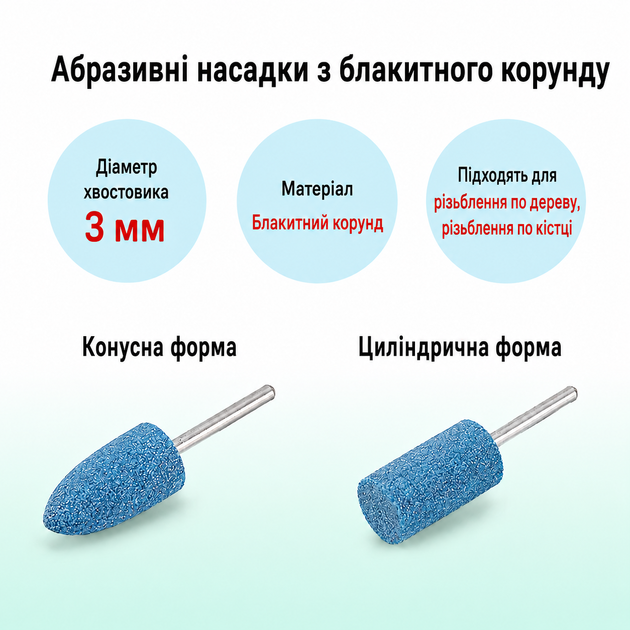 Абразивна насадка з синього корунду 4–10 мм для гравера / Dremel, хвостовик 3 мм. - зображення 2