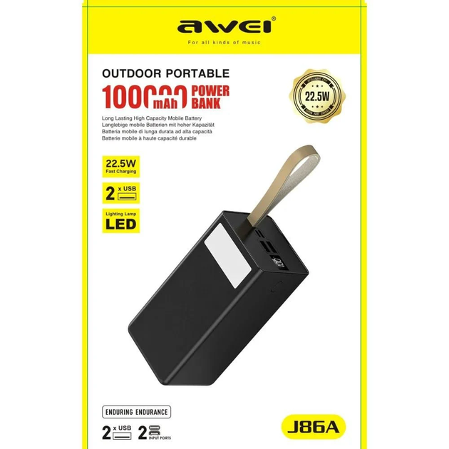 Павербанк AWEI J86A 100000 мАг 22.5 Вт, Power Bank зі швидкою зарядкою PD/QC, LED-дисплеєм і великою ємністю - зображення 7