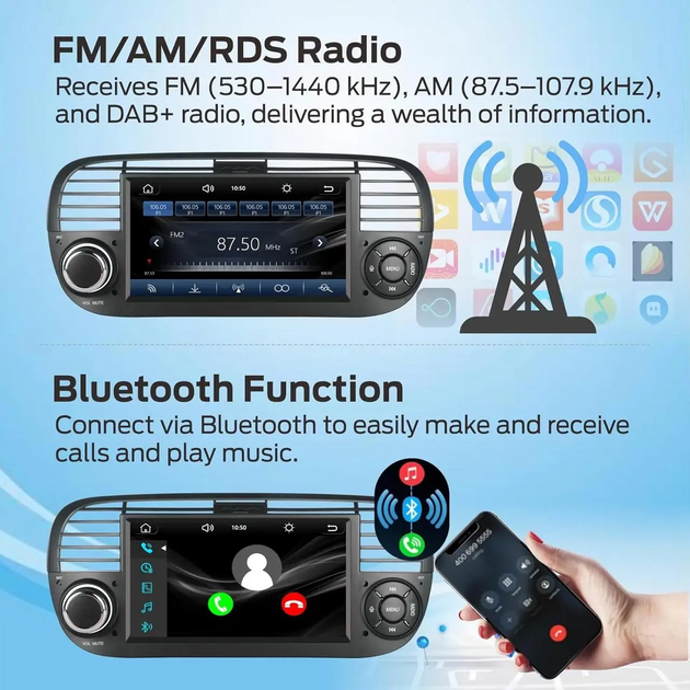 Автомагнитола Yeldhiza 2 DIN 7" для Fiat 500, CarPlay, Android Auto, Bluetooth, FM RDS DAB, сенсорный экран 2/32 ГБ - изображение 4