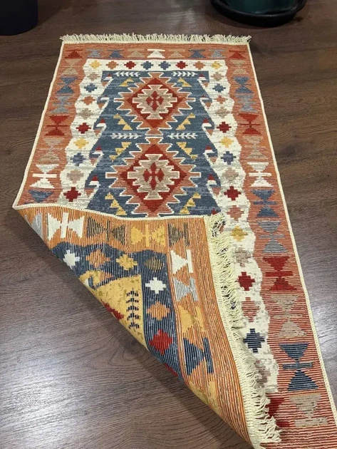 Двосторонній бавовняний килим 60x90 см з гуцульським візерунком оранжево-синій - зображення 3