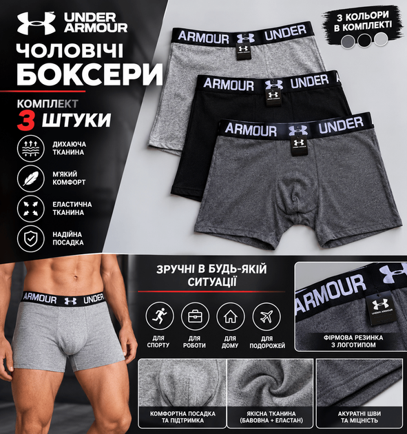 Труси чоловічі Under Armour бавовняні боксери набір 3 шт L Black-Grey-Dark Grey - Фото 4 Труси чоловічі Under Armour бавовняні боксери набір 3 шт L Black-Grey-Dark Grey - зображення 4