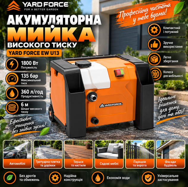 Акумуляторна мийка високого тиску для авто Yard Force EW U13 135 Bar 1800W - изображение 4