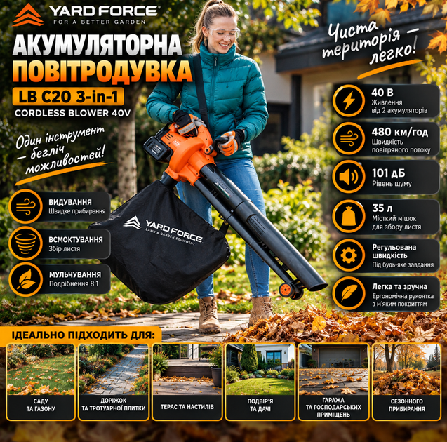 Акумуляторна Повітродувкаі Yard Force LB C20 3-in-1 Cordless Blower 40V - изображение 8