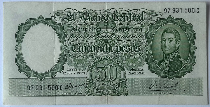 50 Песо Pesos 1951-1969 рр. Банкнота Аргентина Південна Америка P-271 - Фото 1 50 Песо Pesos 1951-1969 рр. Банкнота Аргентина Південна Америка P-271 - изображение 1