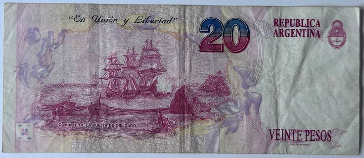 20 Песо Pesos 1991-1997 рік Банкнота Аргентина Південна Америка P-343 - изображение 2
