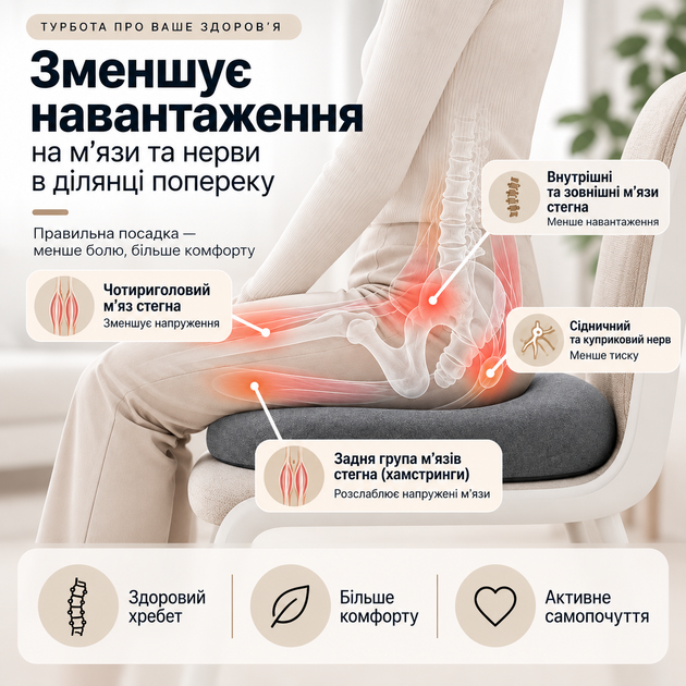 Ортопедическая подушка для сидения с отверстием Memory Foam со съемным чехлом анатомическая для копчика спины при геморрое после родов операций для длительного сидения офисного кресла автомобиля и дома - изображение 3