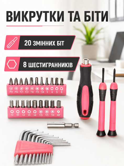 Набор ручных инструментов 39 предметов в кейсе для дома и ремонта с молотком, рулеткой и отвертками, черно-розовый (49676381) - изображение 6