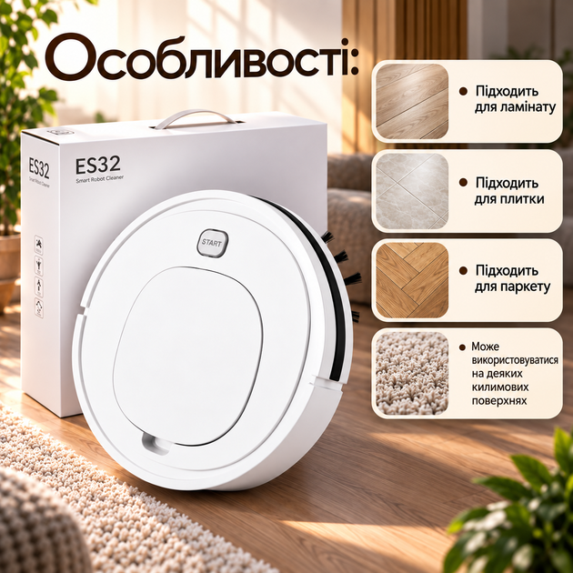 Робот-пылесос ES32 1800 Па 1200 мА·ч до 90 мин Сухая уборка Датчик препятствий ASD Аккумуляторный пылесос для ламината плитки паркета - изображение 2
