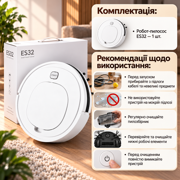 Робот-пылесос ES32 1800 Па 1200 мА·ч до 90 мин Сухая уборка Датчик препятствий ASD Аккумуляторный пылесос для ламината плитки паркета - изображение 3