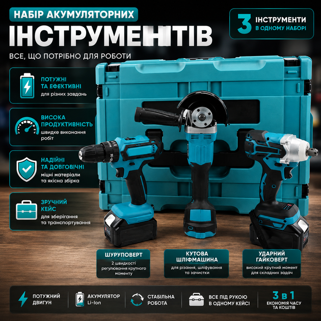 Набор инструментов Jumpex 3 в 1 болгарка шуруповерт гайковерт X-334 мощность 1200 Вт компактный дизайн - изображение 3