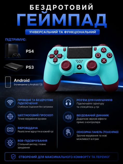 Джойстик игровой универсальный для sony playstation ps3 ps4 PC ios android tv windows беспроводной Doubleshock bluetooth геймпад сони плейстейшен пс3 пс4 пк компьютера андроид тв с двойной вибрацией сенсором аудио динамиком + зарядный кабель бирюзовый - изображение 5