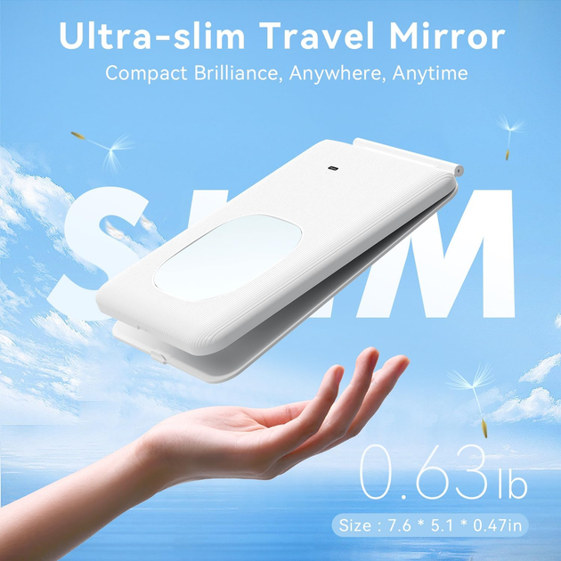 Дзеркало для макіяжу Auxmir Travel 1X/10X зі світлом, 3 режими освітлення, сенсорне керування, USB Type-C, 1500 мАг - зображення 6