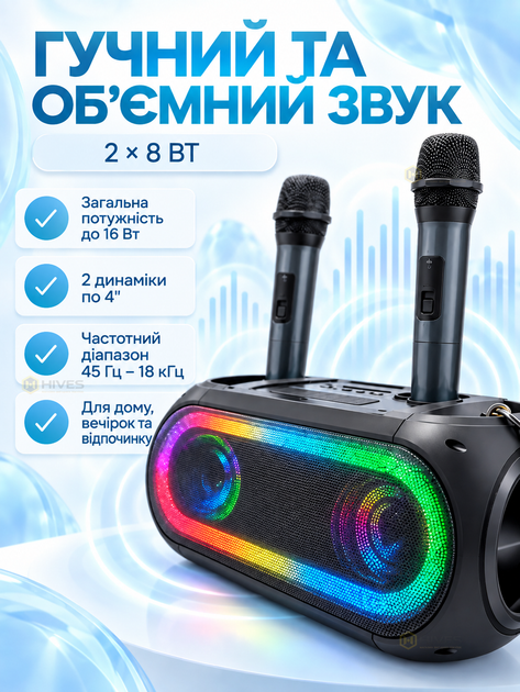 Портативна Bluetooth-колонка 16 Вт з 2 мікрофонами, караоке, LED-підсвіткою, TWS, FM-радіо, USB, TF, AUX, 2 динаміки 4″, акумулятор 3600 мА·год - зображення 2