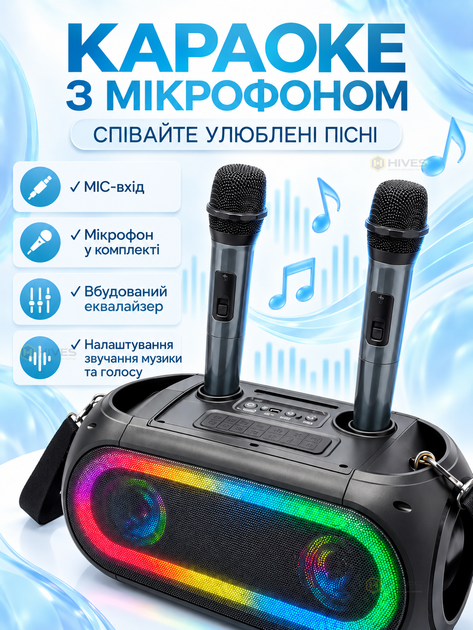 Портативна Bluetooth-колонка 16 Вт з 2 мікрофонами, караоке, LED-підсвіткою, TWS, FM-радіо, USB, TF, AUX, 2 динаміки 4″, акумулятор 3600 мА·год - зображення 3