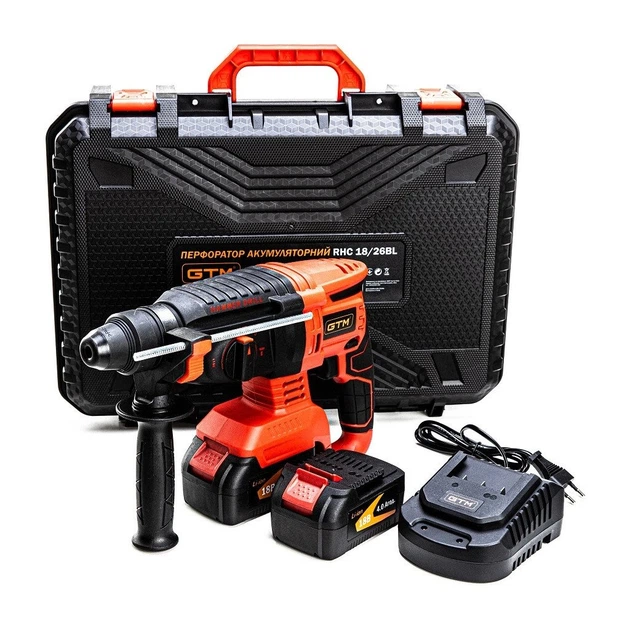 Перфоратор GTM RHC18/26BL, 18В, 2,5Дж, 0-1000об/хв 2x4Ah, кейс (RHC18/26BL) - Фото 1 Перфоратор GTM RHC18/26BL, 18В, 2,5Дж, 0-1000об/хв 2x4Ah, кейс (RHC18/26BL) - изображение 1