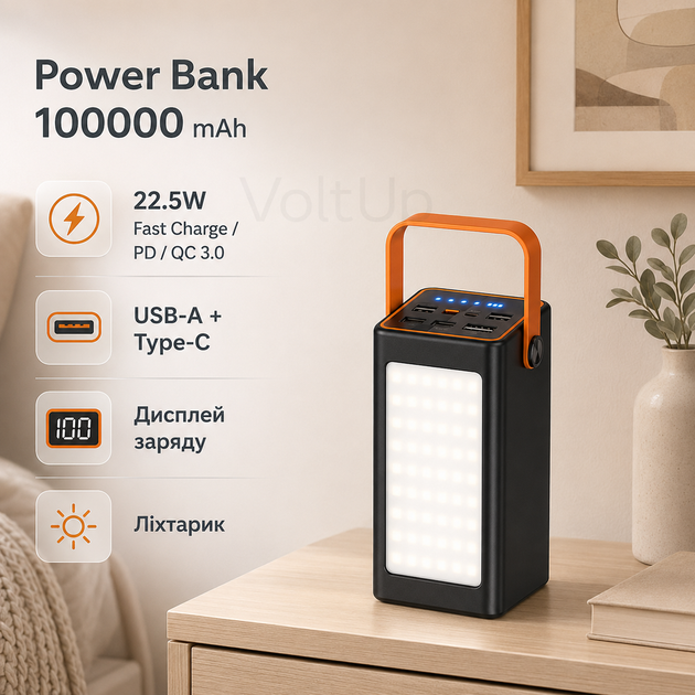 Повербанк Power Bank 100000 mAh 22.5W чорний — портативна батарея Fast Charge PD QC 3.0 з дисплеєм для телефона - Фото 1 Повербанк Power Bank 100000 mAh 22.5W чорний — портативна батарея Fast Charge PD QC 3.0 з дисплеєм для телефона - зображення 1