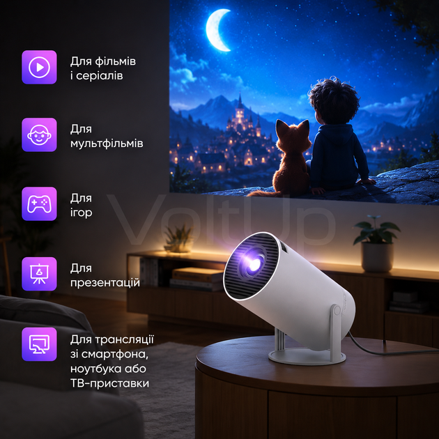 Портативний міні смарт-проектор HY300 Pro Android 11 HD 1280×720 з підтримкою 4K Wi-Fi 6 Bluetooth 5.0 до 130" - зображення 4