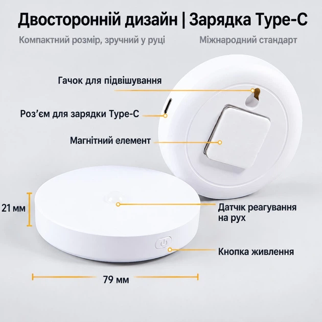 Нічник світильник LED з датчиком руху, акумуляторний, магнітний, USB Type-C - изображение 2