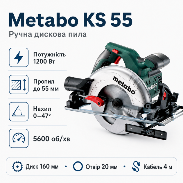 Циркулярна пилка Metabo KS 55 1200 Вт 5600 об/хв диск 160 мм Green (600855000) - Фото 2 Циркулярна пилка Metabo KS 55 1200 Вт 5600 об/хв диск 160 мм Green (600855000) - зображення 2