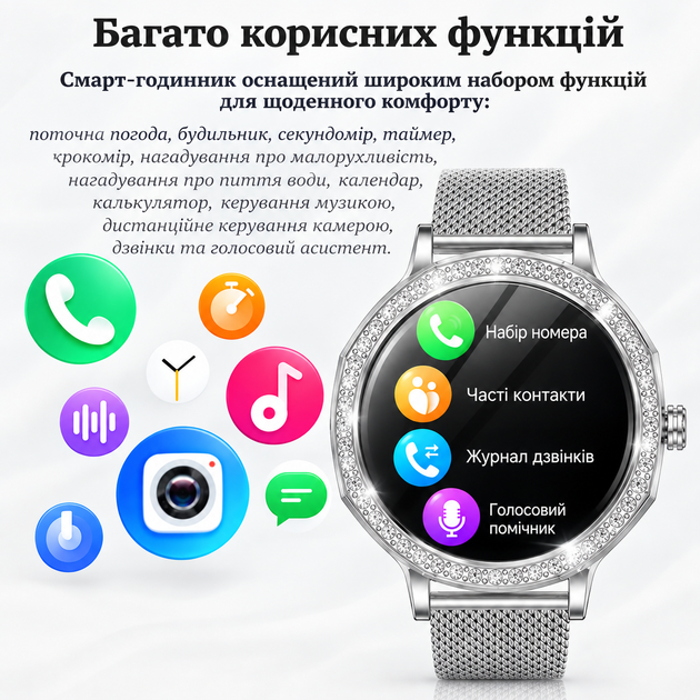 Жіночий смарт-годинник Premium Silver 1,32″ AMOLED, 466×466, Bluetooth 5.3, 100+ спортивних режимів, IP68, 2 ремінці - зображення 4