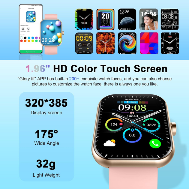 Розумний годинник Y66 1,96" HD, Bluetooth-дзвінки, IP68, 110+ спортивних режимів, пульс, сон, SpO2, рожевий - зображення 6
