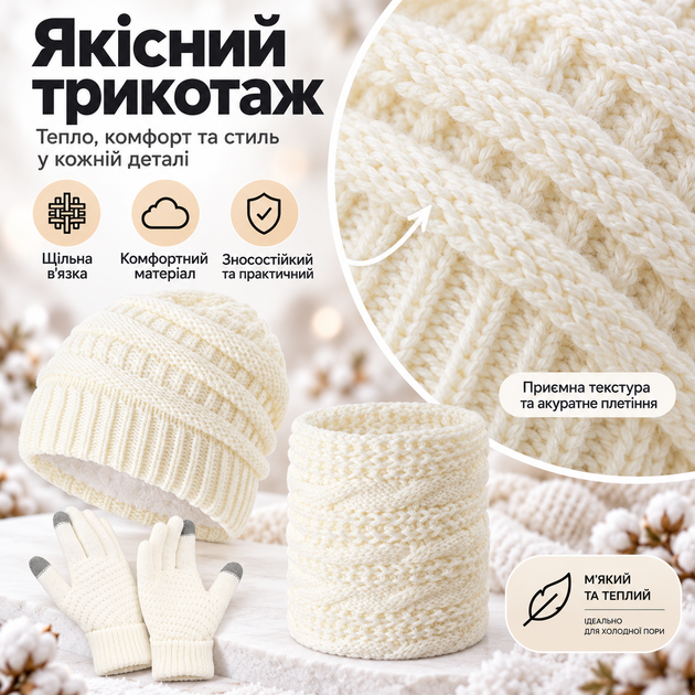 Зимний комплект 3 в 1: шапка, шарф и перчатки, шерсть + флис, сенсорные пальцы белый цвет KT9002104 - изображение 4