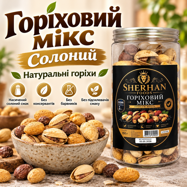 Микс ореховый соленый 150 г натуральные орехи ассорти снек без консервантов питательный перекус с насыщенным вкусом герметичная упаковка для работы дороги дома - Фото 1 Микс ореховый соленый 150 г натуральные орехи ассорти снек без консервантов питательный перекус с насыщенным вкусом герметичная упаковка для работы дороги дома - изображение 1