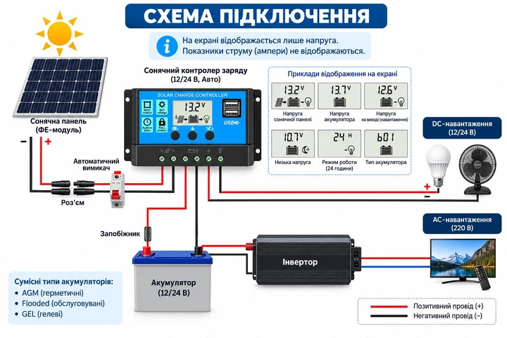 ШИМ-контроллер заряда солнечных панелей 30A 12/24V, Max PV 50V, 420W/840W с LCD-дисплеем и 2×USB - изображение 7