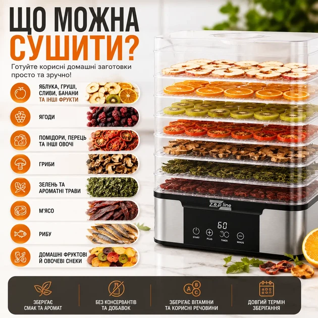 Сушарка для овочів та фруктів Zepline ZP-00349 1000 Вт 7 ярусів регулювання температури 35–80°C дегідратор для продуктів - изображение 2
