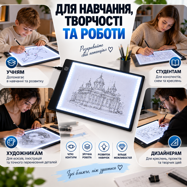 LED планшет A4 для копирования и переноса изображений 30×20 см с подсветкой, 3 уровня яркости, USB 5V - изображение 6