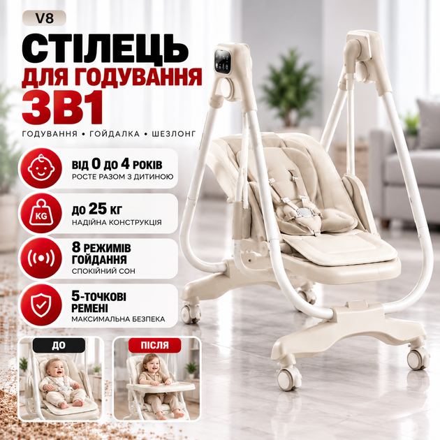 Стілець для годування + гойдалка V8 / Дитячий регульований стіл для годування 3в1 / Електронний шезлонг для немовлят - Фото 1 Стілець для годування + гойдалка V8 / Дитячий регульований стіл для годування 3в1 / Електронний шезлонг для немовлят - зображення 1