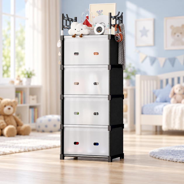Комод дитячий пластиковий WFB05D 42x29x140 см / Вузька збірна шафа-органайзер з 4 шухлядами та верхньою полицею / Стелаж-етажерка - Фото 1 Комод дитячий пластиковий WFB05D 42x29x140 см / Вузька збірна шафа-органайзер з 4 шухлядами та верхньою полицею / Стелаж-етажерка - зображення 1