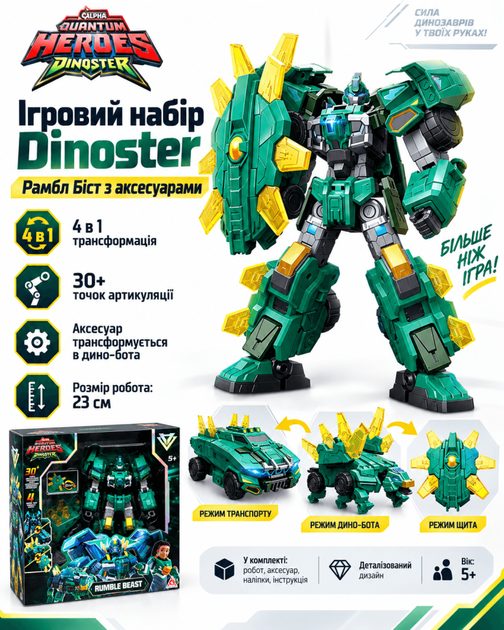 Ігровий набір з роботом-трансформером Dinoster Рамбл Біст (з аксесуарами) - Фото 1 Ігровий набір з роботом-трансформером Dinoster Рамбл Біст (з аксесуарами) - зображення 1