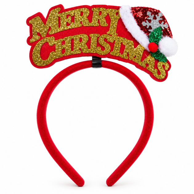 Новогодний обруч для волос «Merry Christmas» с рождественской шапочкой, красный - Фото 1 Новогодний обруч для волос «Merry Christmas» с рождественской шапочкой, красный - изображение 1