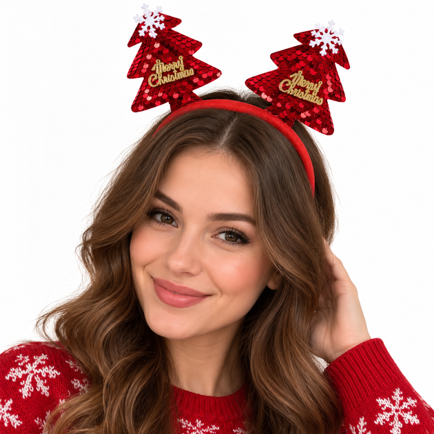 Новорічний обруч для волосся «Різдвяні ялинки» з паєтками Merry Christmas, червоний - Фото 2 Новорічний обруч для волосся «Різдвяні ялинки» з паєтками Merry Christmas, червоний - зображення 2